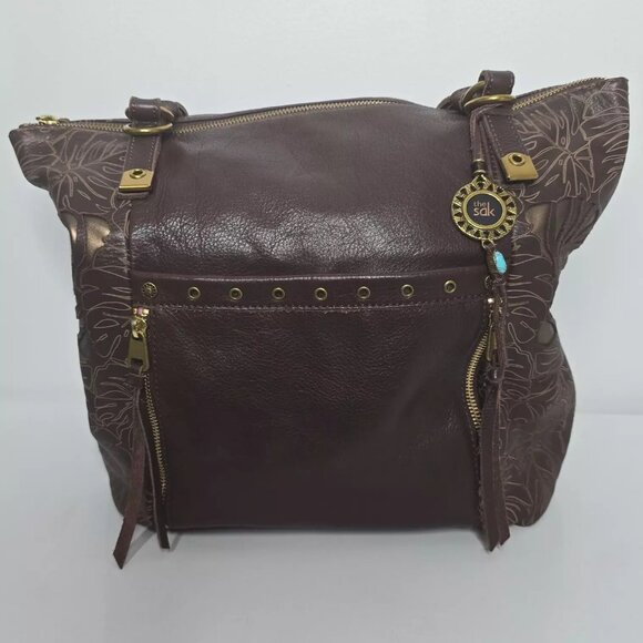 The Sak Handbags - The Sak Purse Shoulder Bag Brown Leather Ojai Embossed Hobo Tote Bucket Large